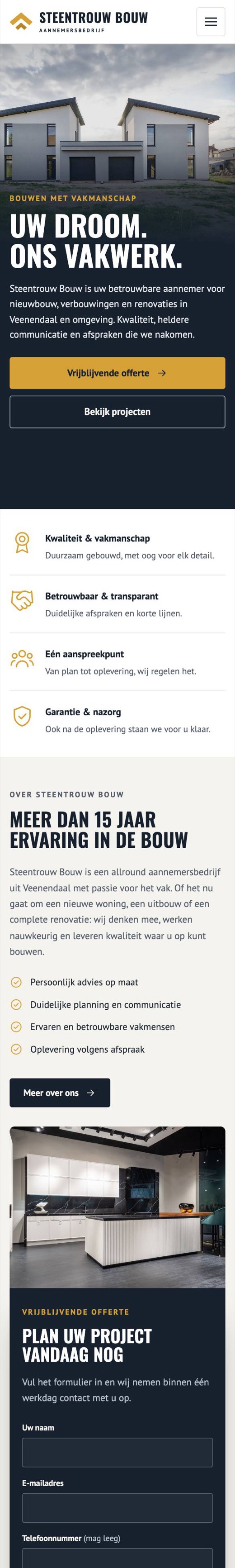 Voorbeeldsite aannemer op een telefoon